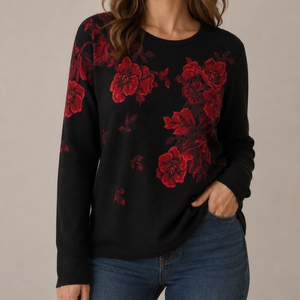 Cathy Daniels Floral Sweater XL Black Red Rose Knit Pullover Cottagecore